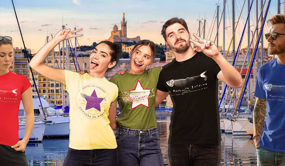 Tshirts de La Méchante Sardine par Titich sur le Vieux Port de Marseille